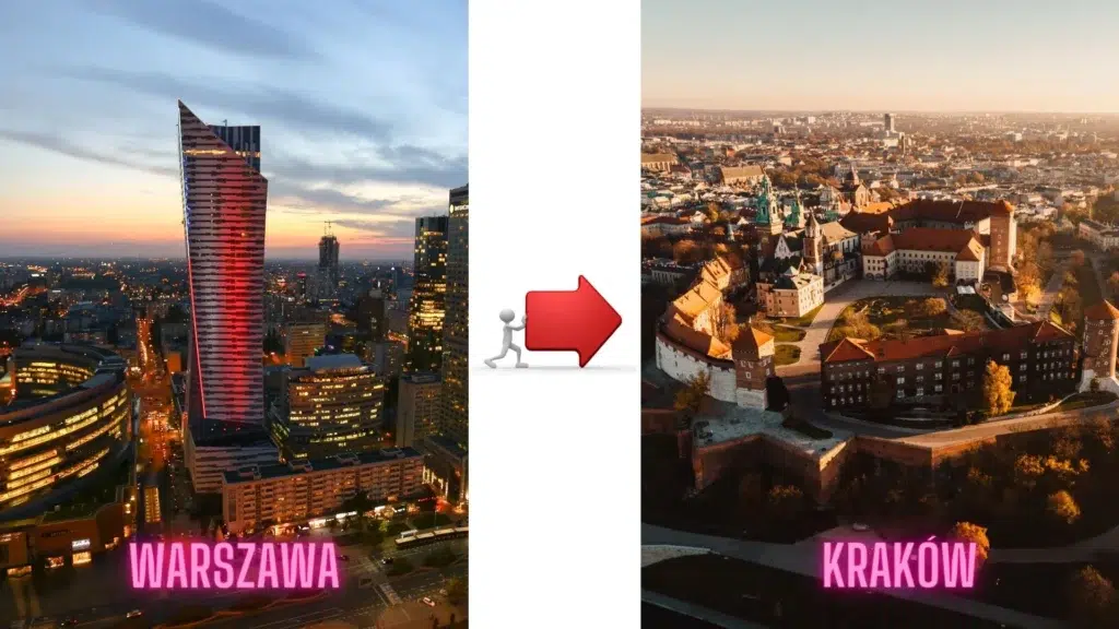 Panoramy Warszawy i Krakowa połączone strzałką
