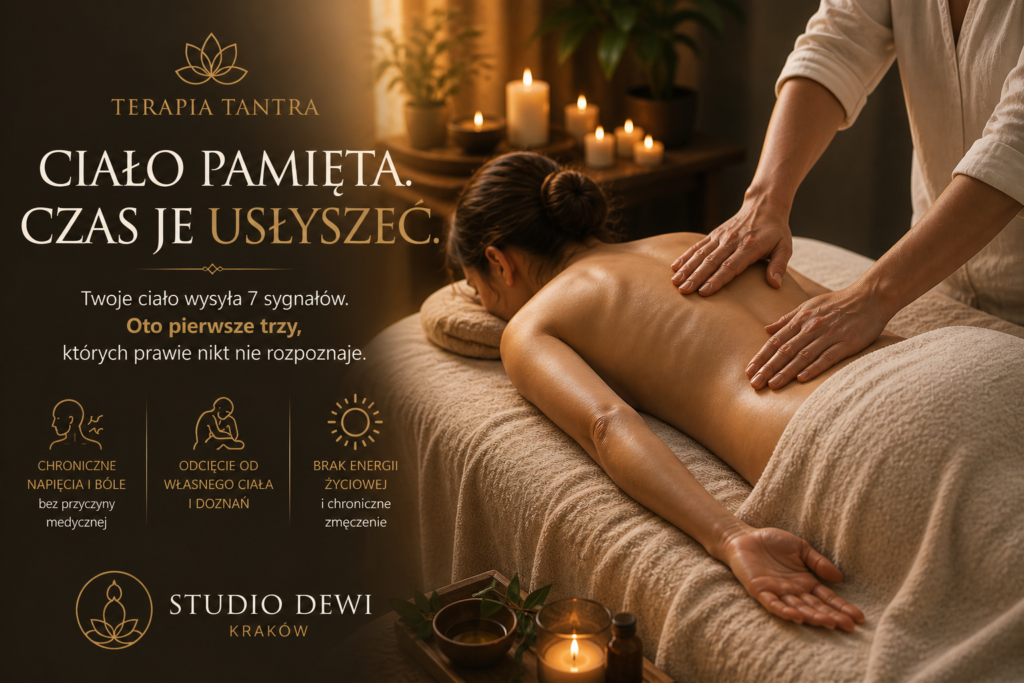 Grafika z napisem „Ciało pamięta. Czas je usłyszeć” i sceną masażu