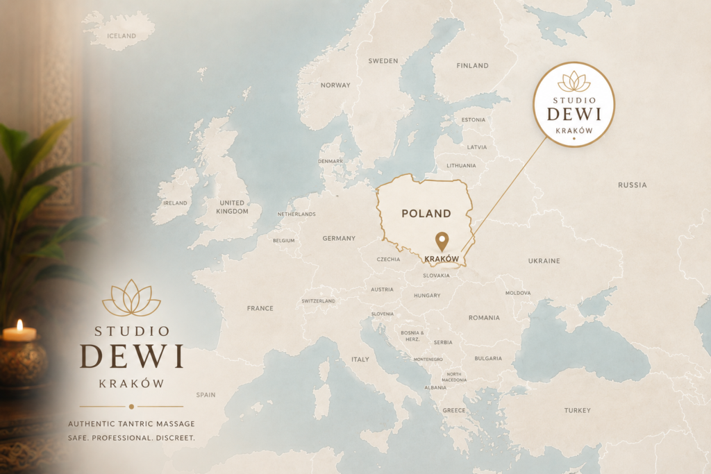 Mapa Europy z zaznaczonym Krakowem i logo Studio Dewi