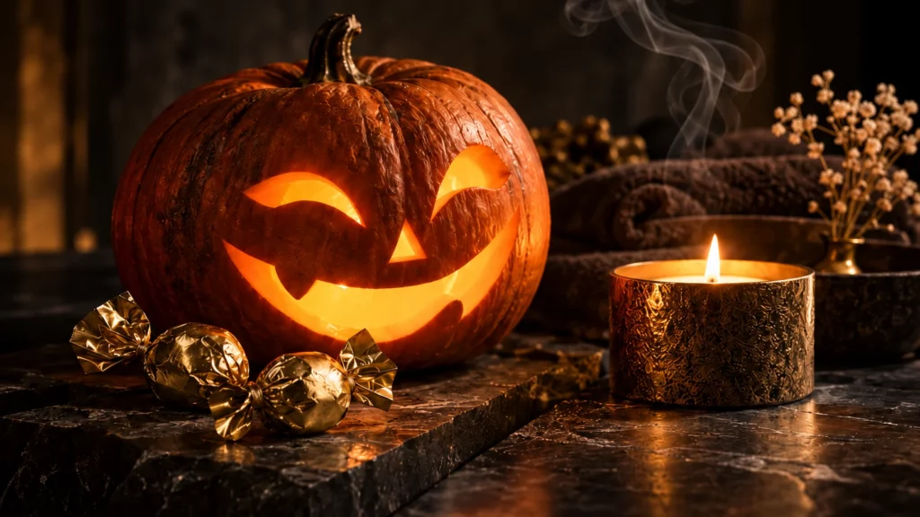 Rozświetlona dynia Halloween, cukierki w złotych papierkach i świeca w klimacie spa