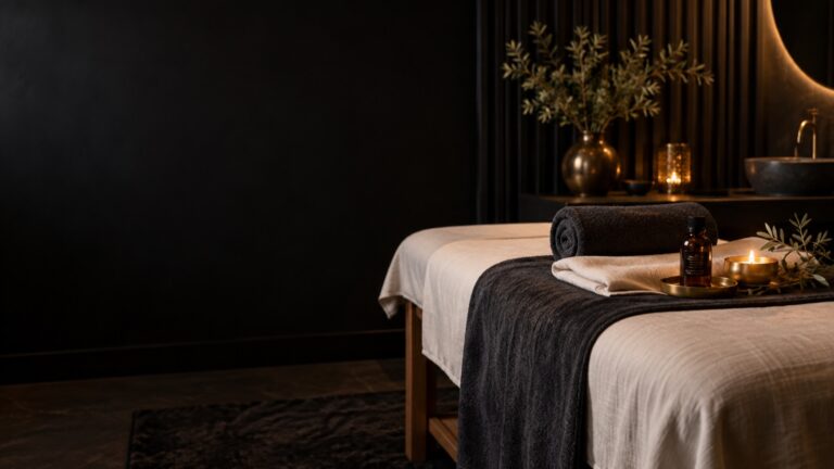 Stół do masażu z ręcznikami, olejkiem i świecą w spokojnej przestrzeni spa
