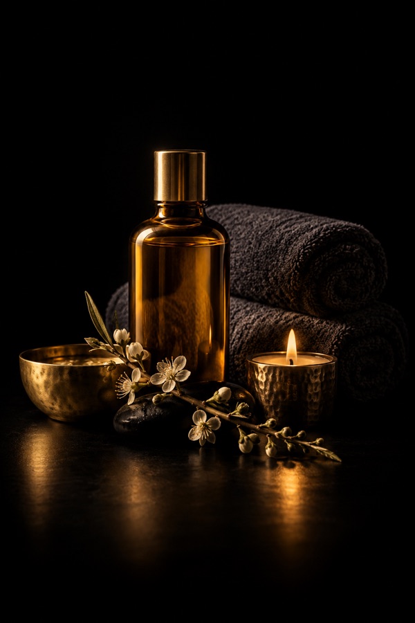 Olejek do masażu, miękkie ręczniki i świeca w klimacie spa